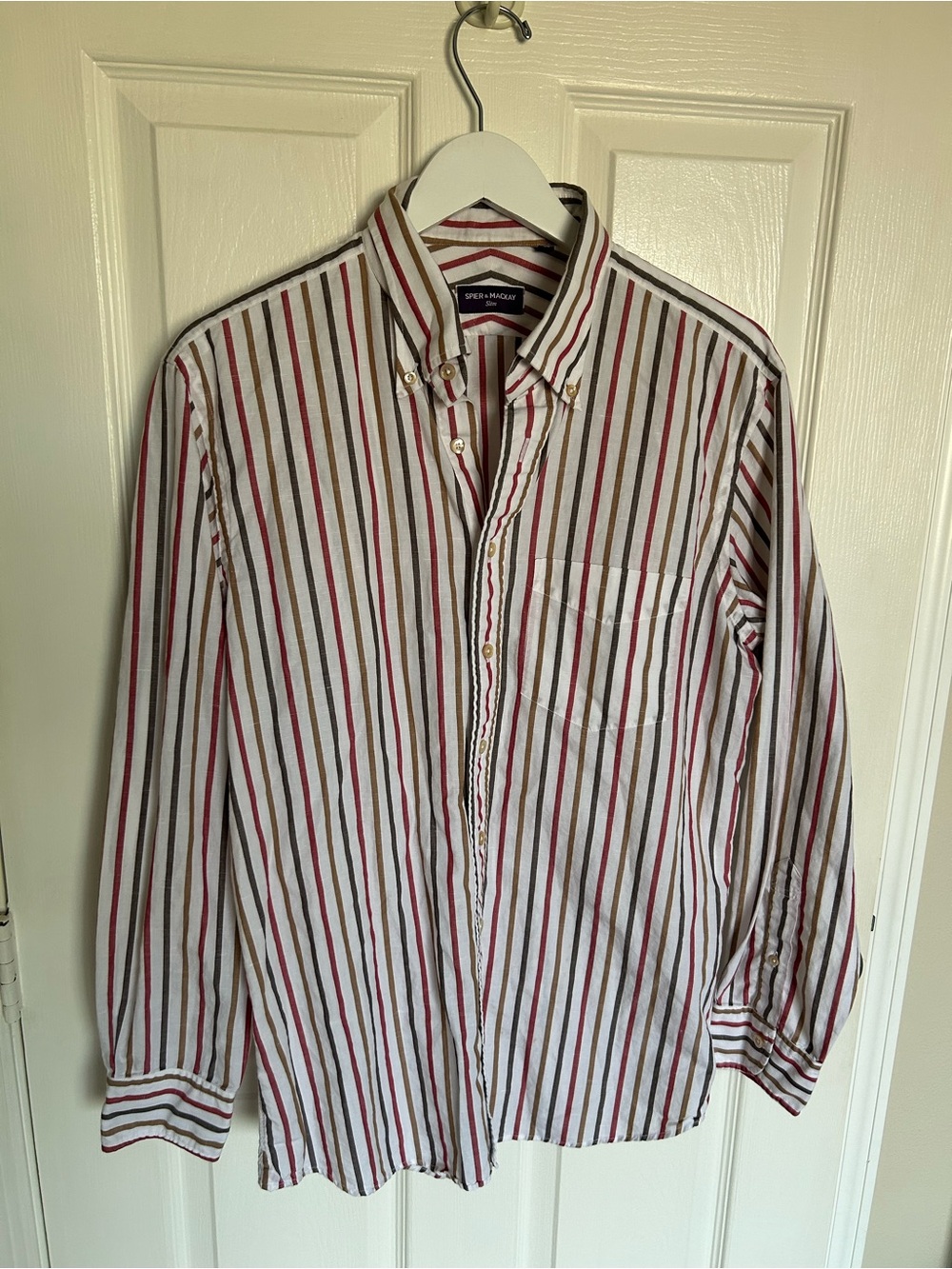 Spier & Mackay Slim Button-Down Shirt in White with Red and Brown Stripes